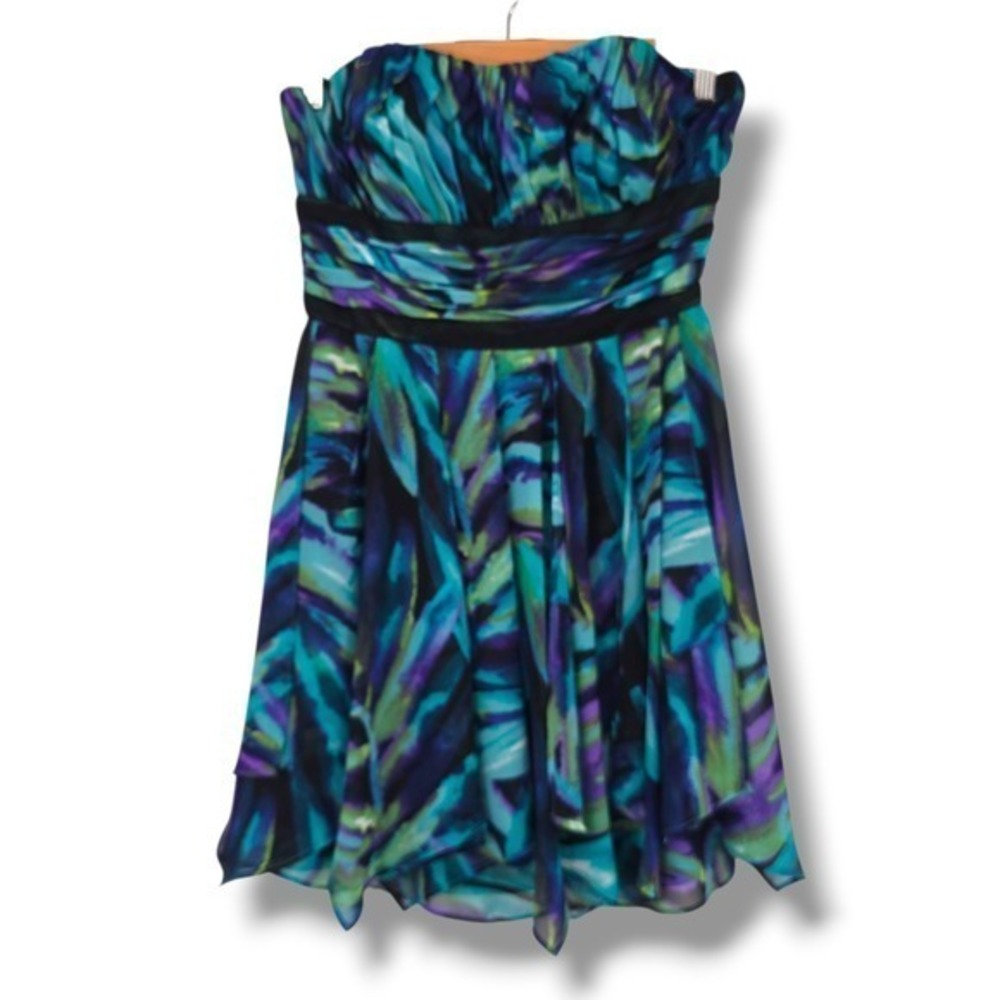 Morgan & Co Strapless Dress Blue Purple Green Watercolor Print Party Cocktail
